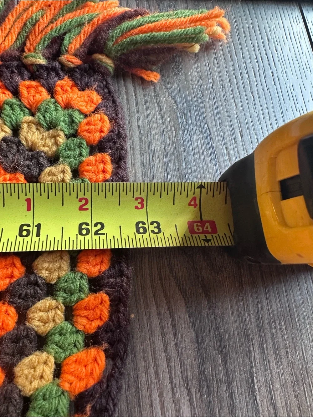 Vintage 70s Crochet Afghan Blanket Orange Green Gold Brown Fringe Retro Boho